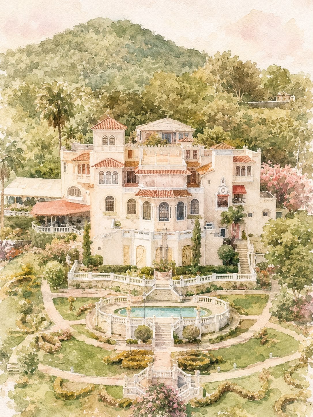 Acuarela del Castillo Serrallés rodeado de jardines
